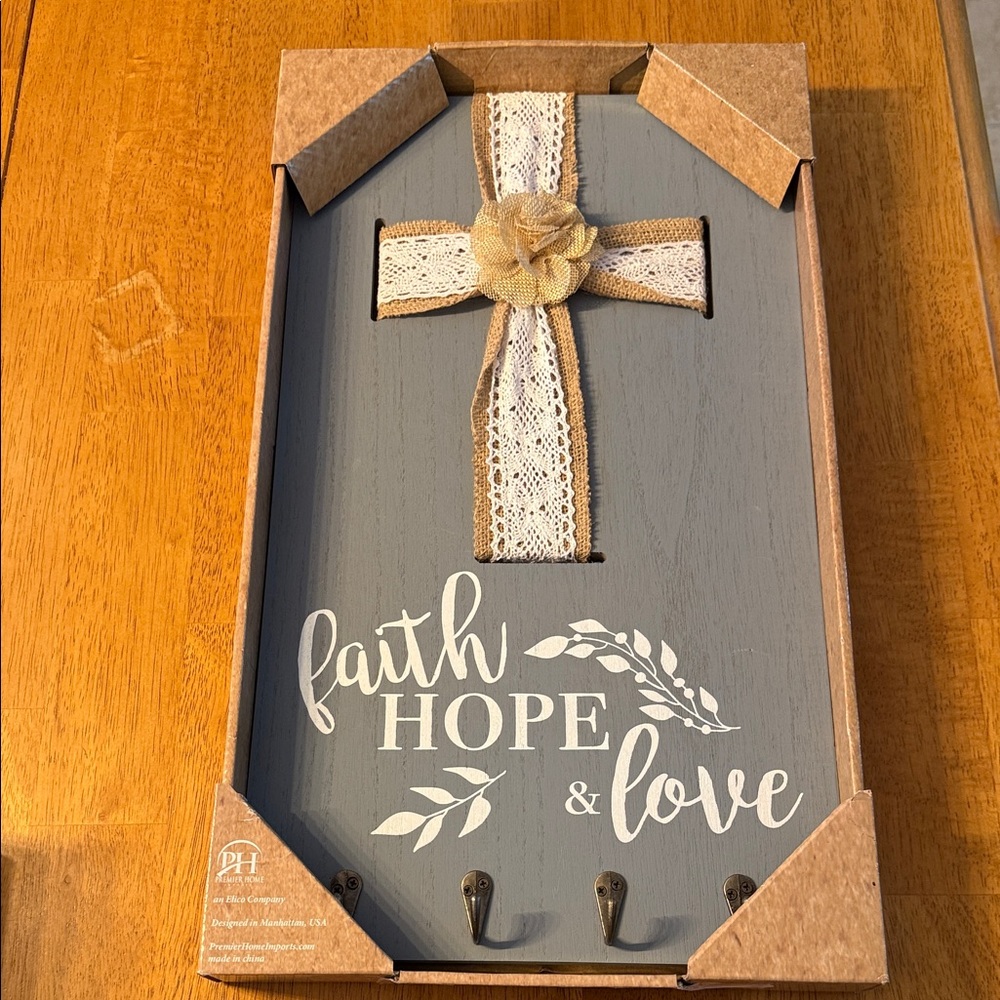 Decorative Cross Wall Art with Hooks - Gray and Cream